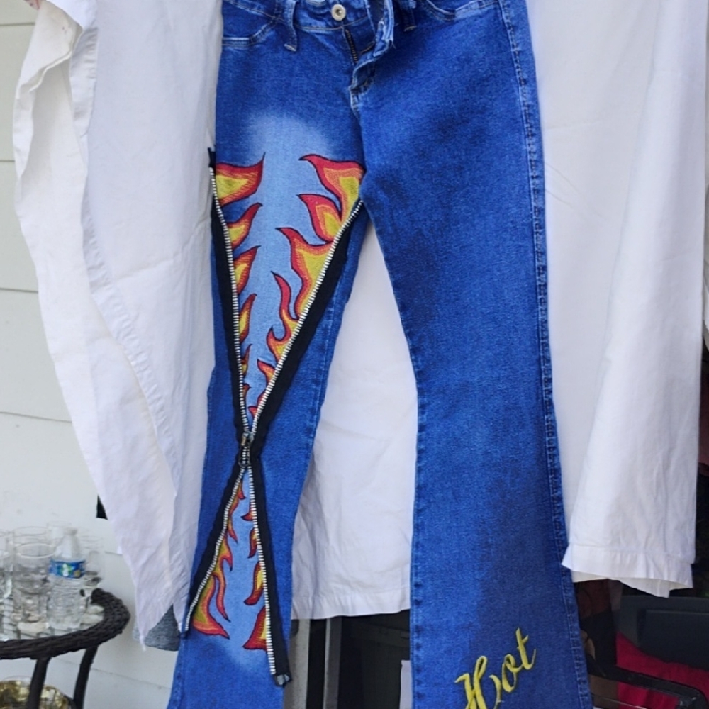 Vintage Blue Flare Jeans with Flame Design